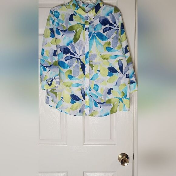 Chico's XL/3 Blue Green Floral Print 100% LINEN 3/4 Slv Buttons Down Women Shirt - Picture 1 of 6